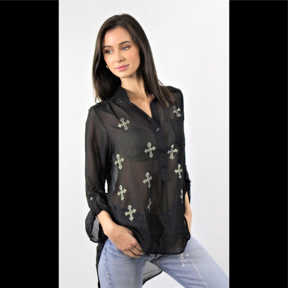 Tops - Sheer black blouse with rhinestone details